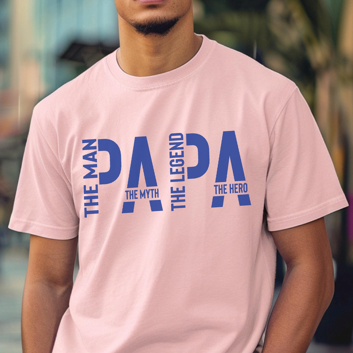 May include: A light pink t-shirt with the word "PAPA" in large blue letters. The words "THE MAN", "THE MYTH", "THE LEGEND", and "THE HERO" are printed in blue vertically and horizontally around the word "PAPA".