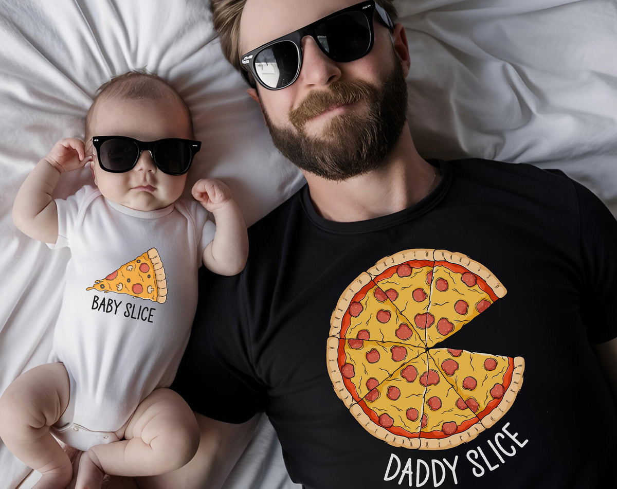 May include: A baby wearing sunglasses and a white onesie with a pizza slice graphic and the text "Baby Slice." A man wearing sunglasses and a black t-shirt with a pizza graphic and the text "Daddy Slice."