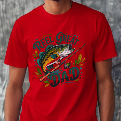 May include: Red t-shirt with a colorful graphic featuring a fish, fishing rod, and the text "REEL GREAT DAD." The design includes teal and yellow accents, with green foliage around the fish. A fun gift for fishing enthusiasts.