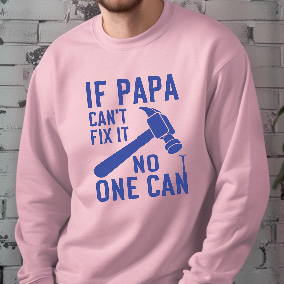 May include: A light pink sweatshirt with the text "IF PAPA CAN'T FIX IT NO ONE CAN" in blue. A blue hammer and nail graphic are also featured on the front of the sweatshirt.
