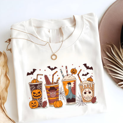 May include: Cream-colored t-shirt featuring a Halloween-themed graphic. The design includes four cartoon beverage cups with pumpkin, bat, and spiderweb motifs. A gold necklace is draped over the shirt.