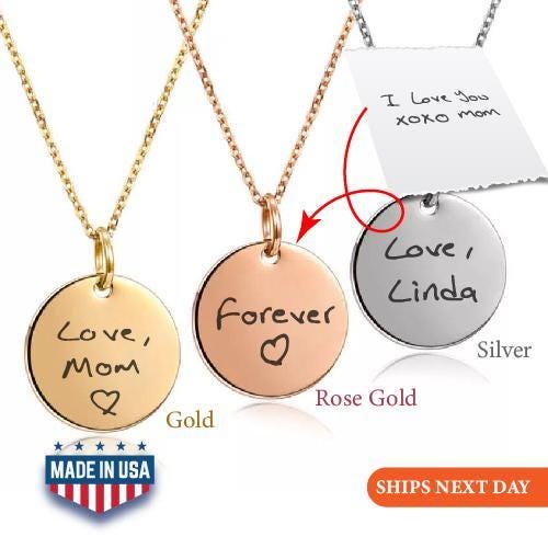 Engraved Handwriting Disc Necklace, Personalized Keepsake Jewelry, Valentines Day Gift