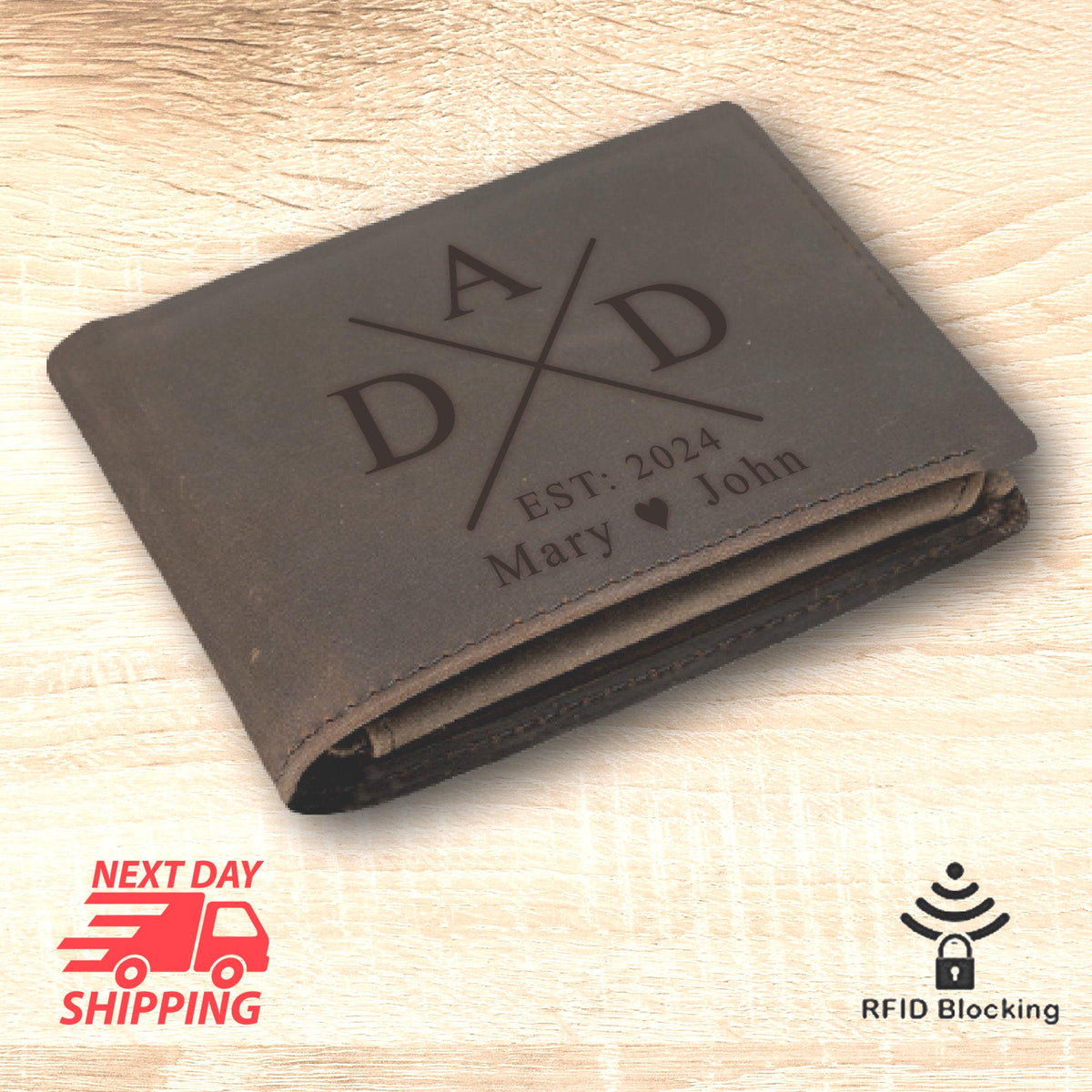 Personalized Leather Dad Wallet, Engraved Bifold with RFID Blocking Gift