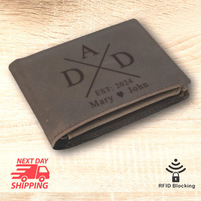 Personalized Leather Dad Wallet, Engraved Bifold with RFID Blocking Gift