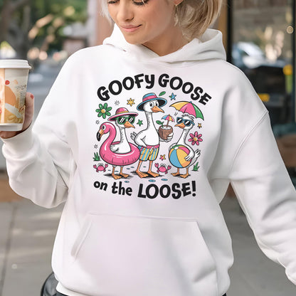 May include: White hooded sweatshirt with a graphic of three cartoon geese in sunglasses and beach attire. The text "GOOFY GOOSE on the LOOSE!" is printed above and below the geese. The geese are surrounded by flowers and stars.