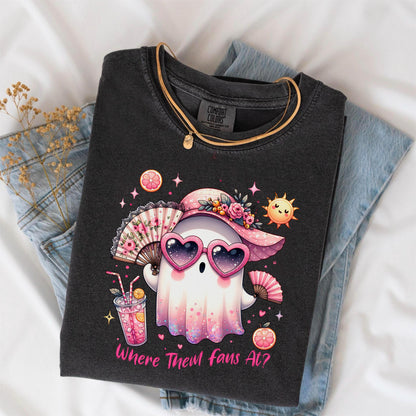 May include: Dark gray Comfort Colors t-shirt featuring a cartoon ghost wearing heart-shaped sunglasses and a pink hat. The ghost is holding a fan and a drink. The text "Where Them Fans At?" is printed on the shirt.
