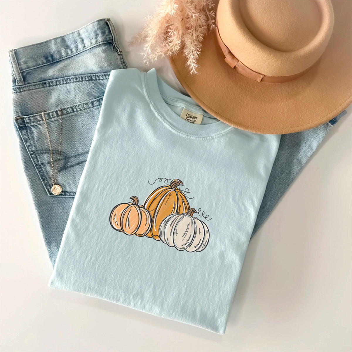 May include: A light blue t-shirt featuring a pumpkin graphic, paired with light wash denim jeans and a tan hat. The t-shirt has a crew neck and a graphic of three pumpkins in orange and white. A gold necklace is visible.