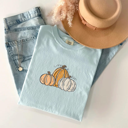 May include: A light blue t-shirt featuring a pumpkin graphic, paired with light wash denim jeans and a tan hat. The t-shirt has a crew neck and a graphic of three pumpkins in orange and white. A gold necklace is visible.