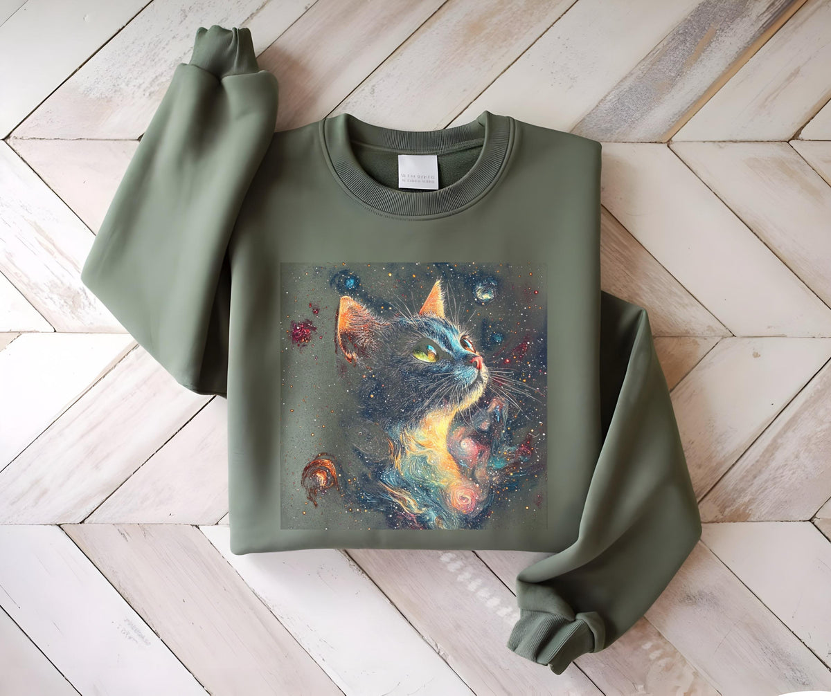 May include: Olive green sweatshirt featuring a vibrant graphic of a cat with a cosmic design. The cat's fur is depicted with a galaxy of colors, including blues, oranges, and yellows, set against a dark background. The cat is looking upwards.