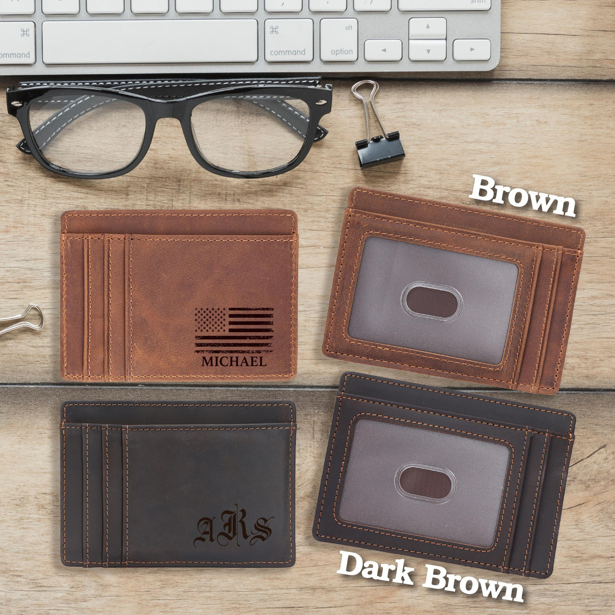 Father's Day Gift Engraved Leather RFID Card Holder, Slim Minimalist Wallet