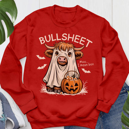 May include: Red sweatshirt with a Halloween-themed graphic. The graphic features a cow dressed as a ghost with the text "BULLSHEET" above and "Moo... I mean boo" below. A jack-o'-lantern and bats complete the design.