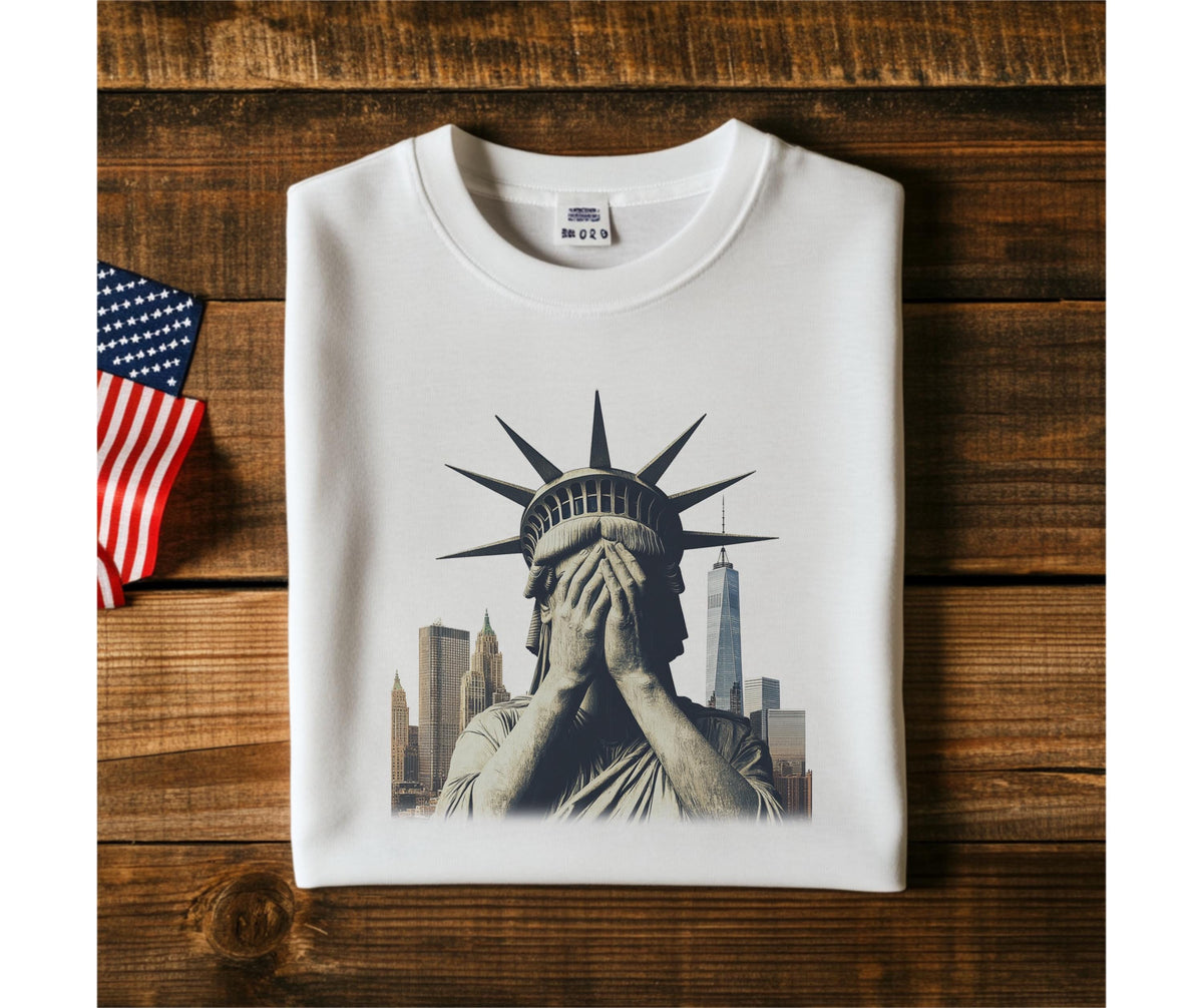 May include: White crew neck sweatshirt featuring a graphic of the Statue of Liberty with her hands covering her face, set against a cityscape. An American flag is visible in the background. The sweatshirt is made of a soft material.