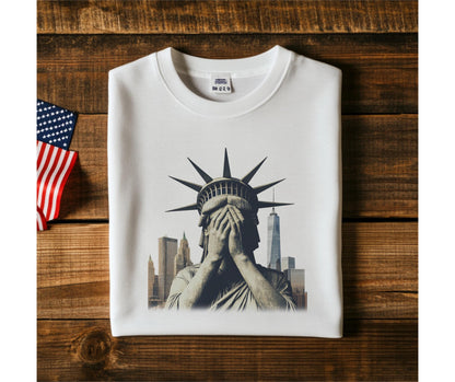 May include: White crew neck sweatshirt featuring a graphic of the Statue of Liberty with her hands covering her face, set against a cityscape. An American flag is visible in the background. The sweatshirt is made of a soft material.