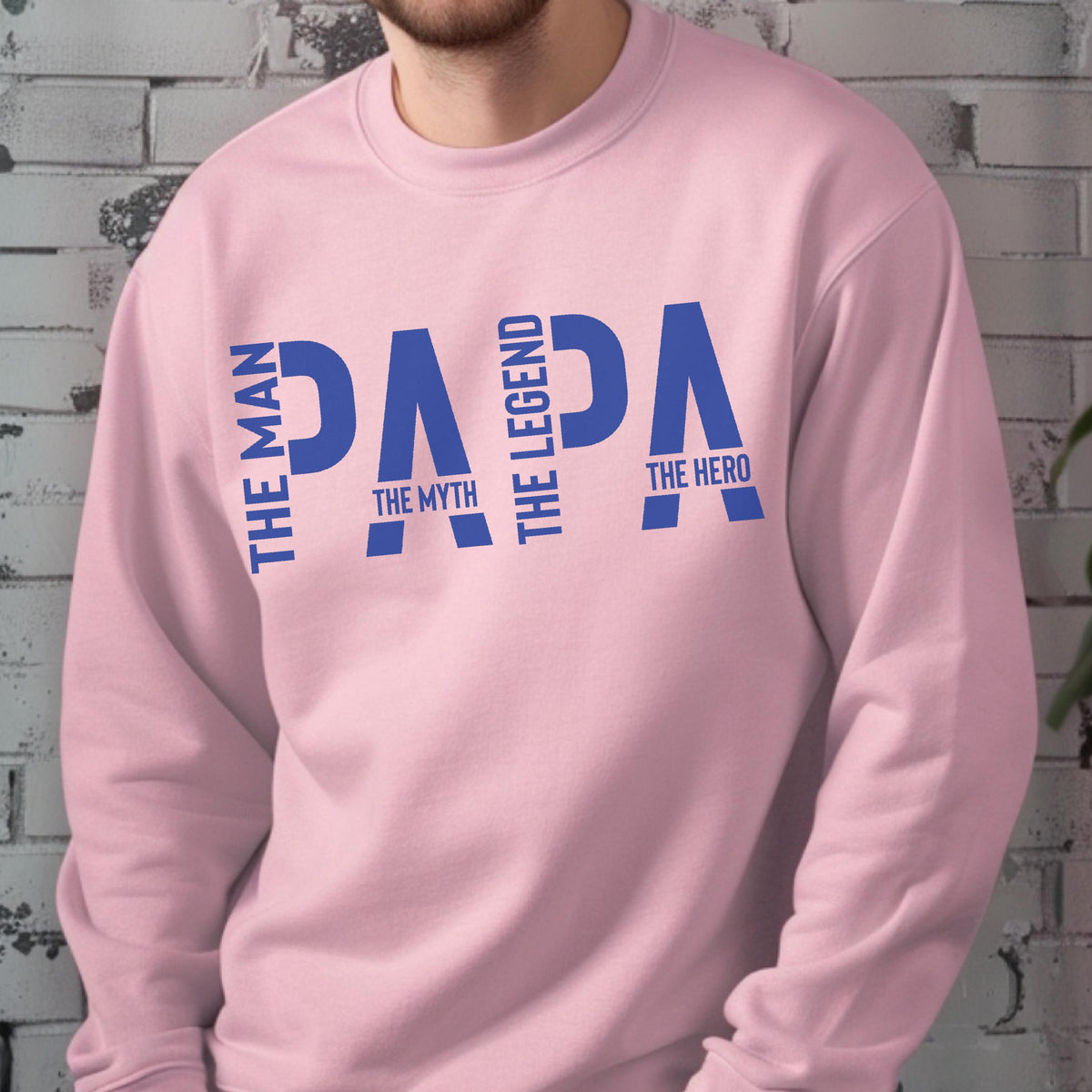May include: A light pink sweatshirt with the word "PAPA" in blue, vertically stacked with the phrases "THE MAN", "THE MYTH", "THE LEGEND", and "THE HERO". The sweatshirt is a solid color.