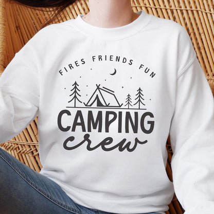 May include: White sweatshirt with a black graphic that reads "Fires Friends Fun Camping Crew." The design includes a tent, trees, a crescent moon, and stars. The sweatshirt is a casual, comfortable style.