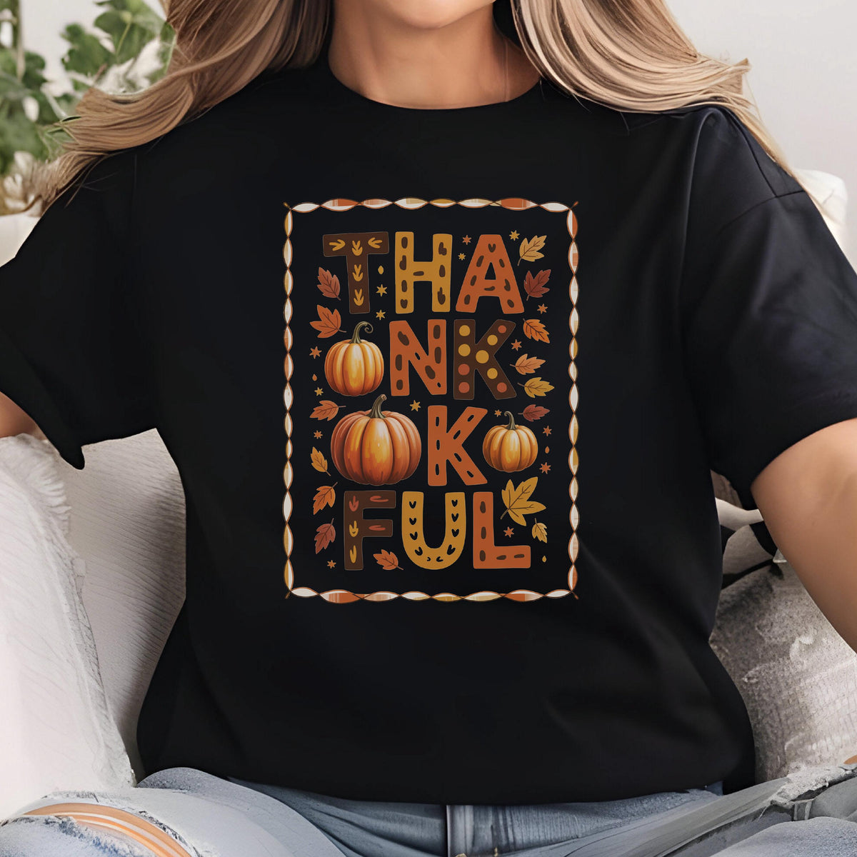 Thankful Pumpkin Graphic Tee: Autumn Leaves Print - Bella + Canvas