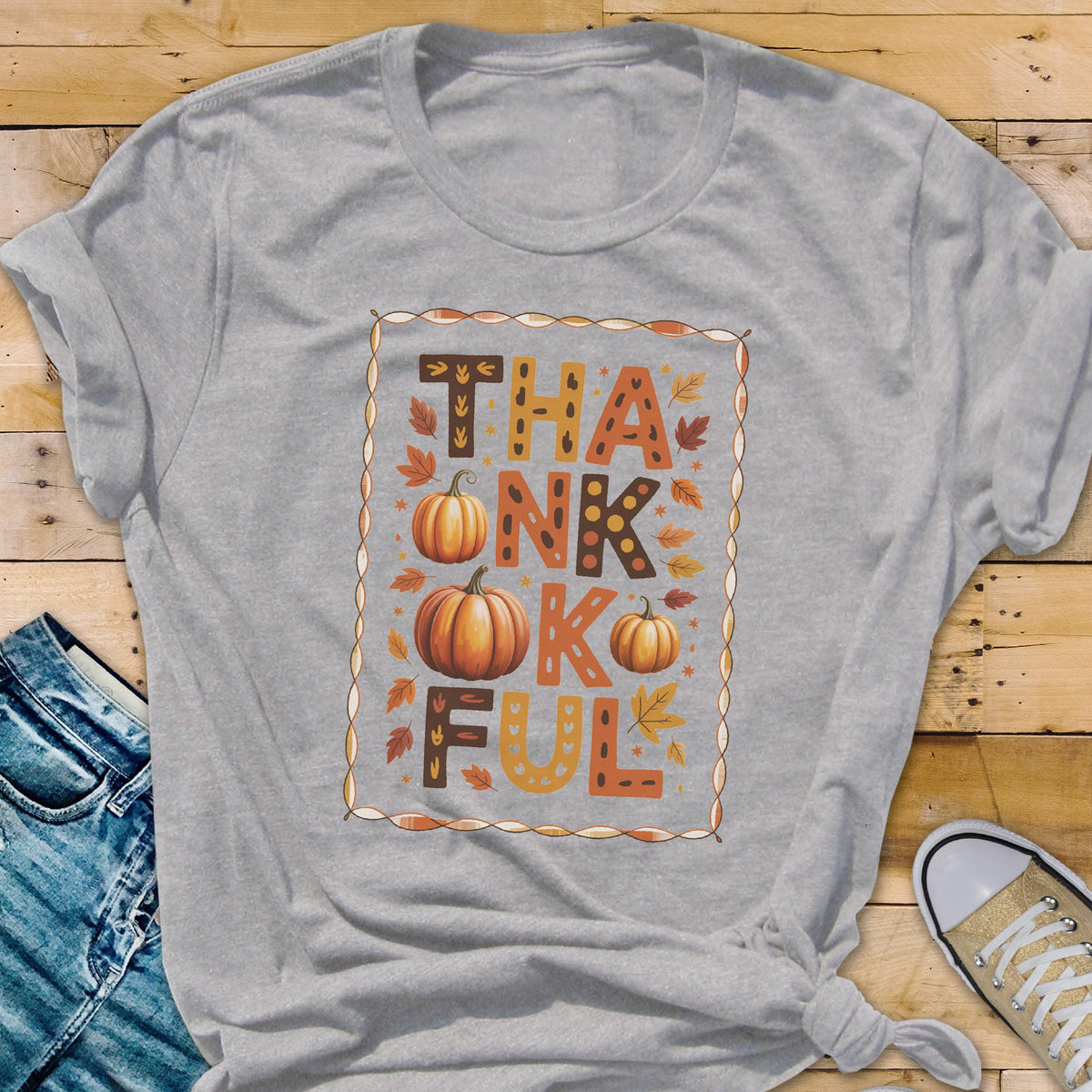 Thankful Pumpkin Graphic Tee: Autumn Leaves Print - Bella + Canvas