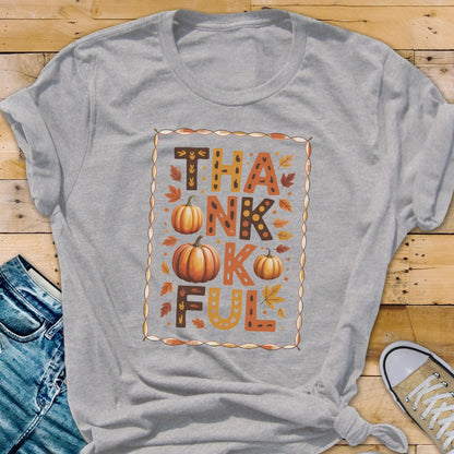 Thankful Pumpkin Graphic Tee: Autumn Leaves Print - Bella + Canvas