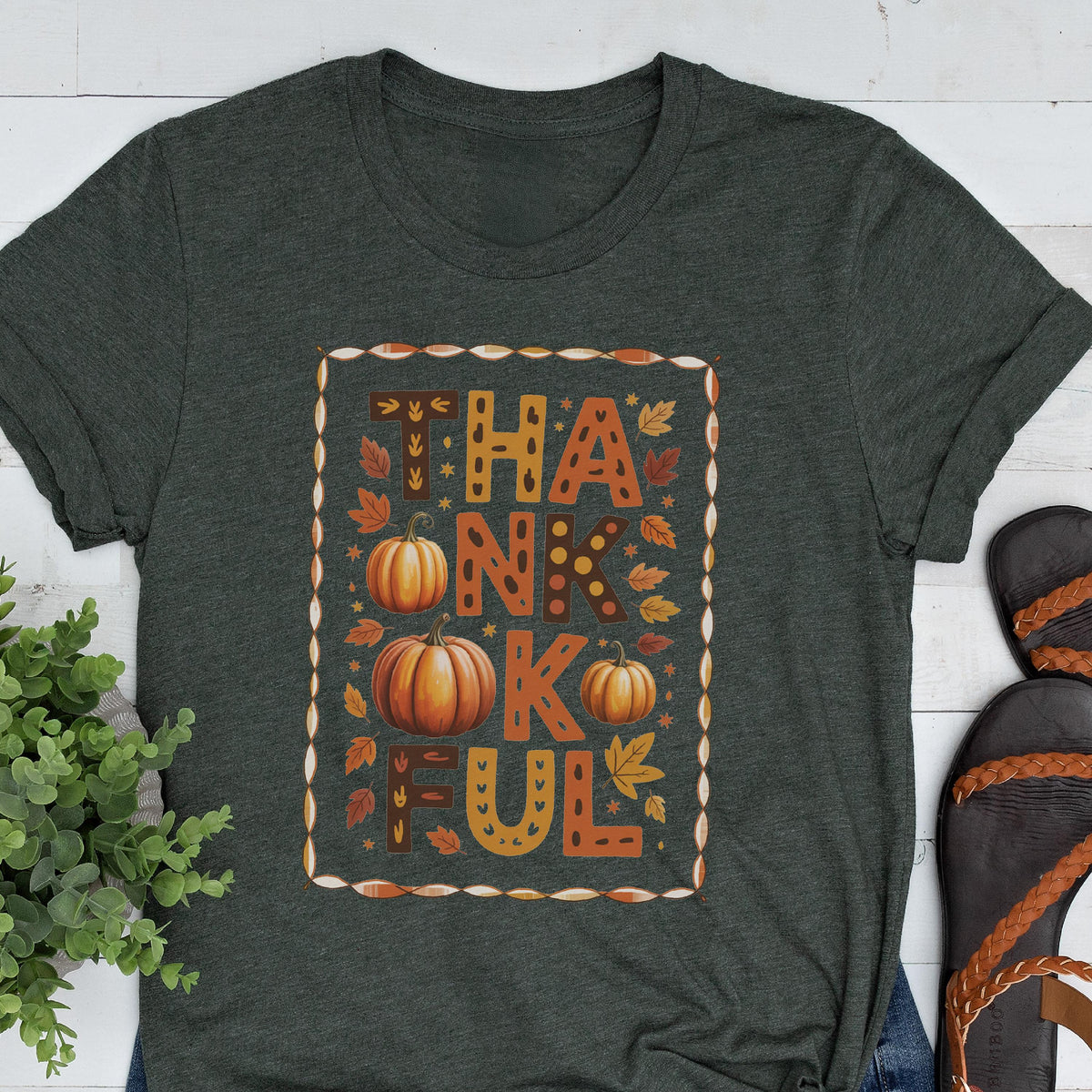 Thankful Pumpkin Graphic Tee: Autumn Leaves Print - Bella + Canvas