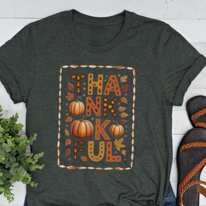 Thankful Pumpkin Graphic Tee: Autumn Leaves Print - Bella + Canvas