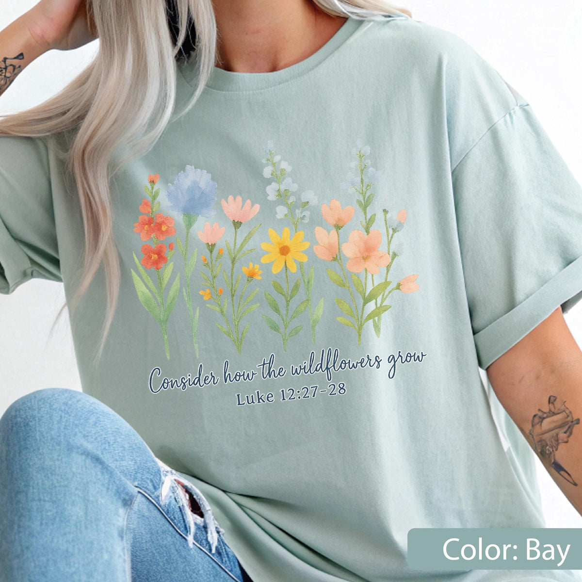 Comfort Colors Wildflower Bible Verse Shirt, Luke 12:27 Floral Christian Tee