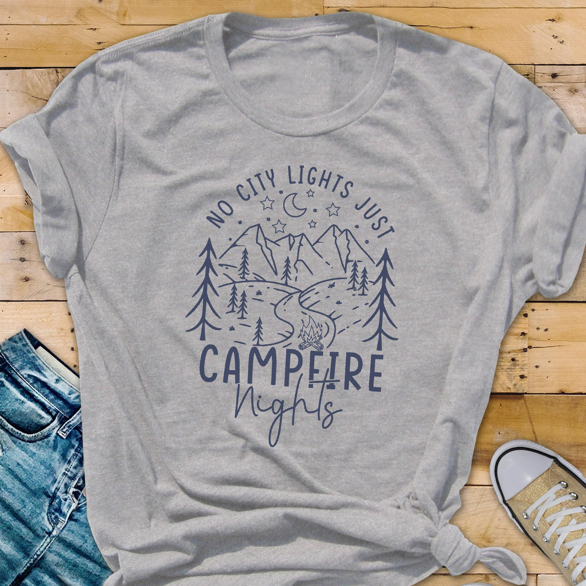 Campfire Nights Shirt, No City Lights Just Stars Tee, Camping Bonfire T-Shirt, Outdoor Nature Adventure Top, Cozy Forest Tee, Family T Shirt