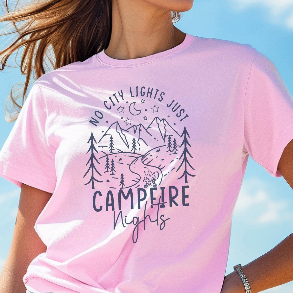 Campfire Nights Shirt, No City Lights Just Stars Tee, Camping Bonfire T-Shirt, Outdoor Nature Adventure Top, Cozy Forest Tee, Family T Shirt
