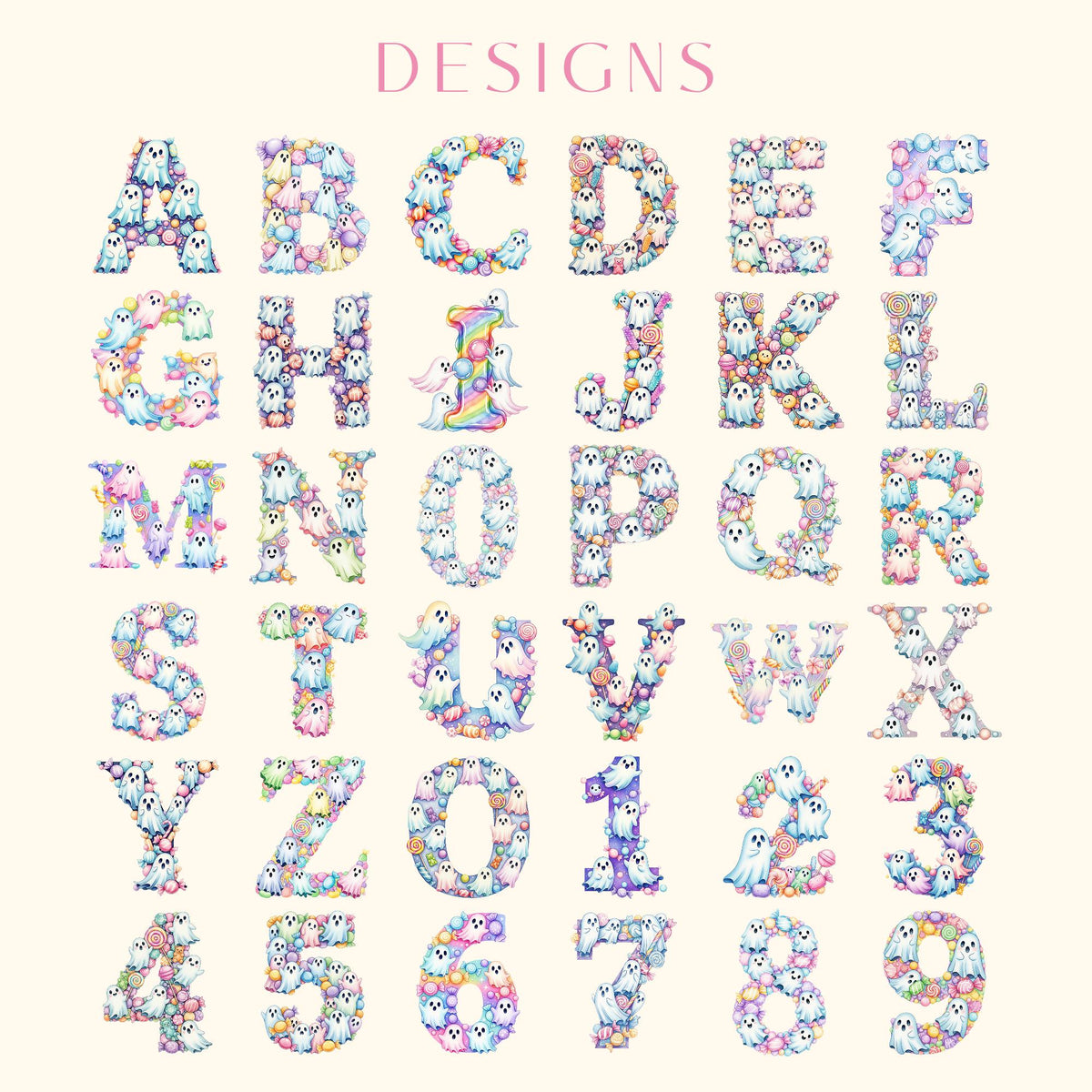 May include: A digital alphabet and number set featuring the word DESIGNS at the top. Each character is composed of small, colorful pastel-toned ghosts, round candies, and spheres in shades of pink, blue, purple, and yellow on a cream background.
