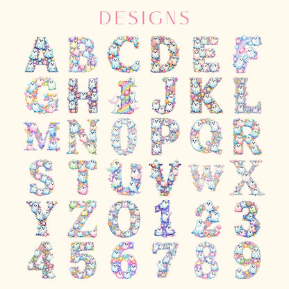 May include: A digital alphabet and number set featuring the word DESIGNS at the top. Each character is composed of small, colorful pastel-toned ghosts, round candies, and spheres in shades of pink, blue, purple, and yellow on a cream background.