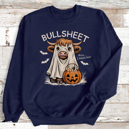 May include: Navy blue sweatshirt with a Halloween-themed graphic. The design features a cow in a ghost costume, a jack-o'-lantern, and the text "BULLSHEET" above and "Moo... I mean boo" below. Bats are also included in the design.