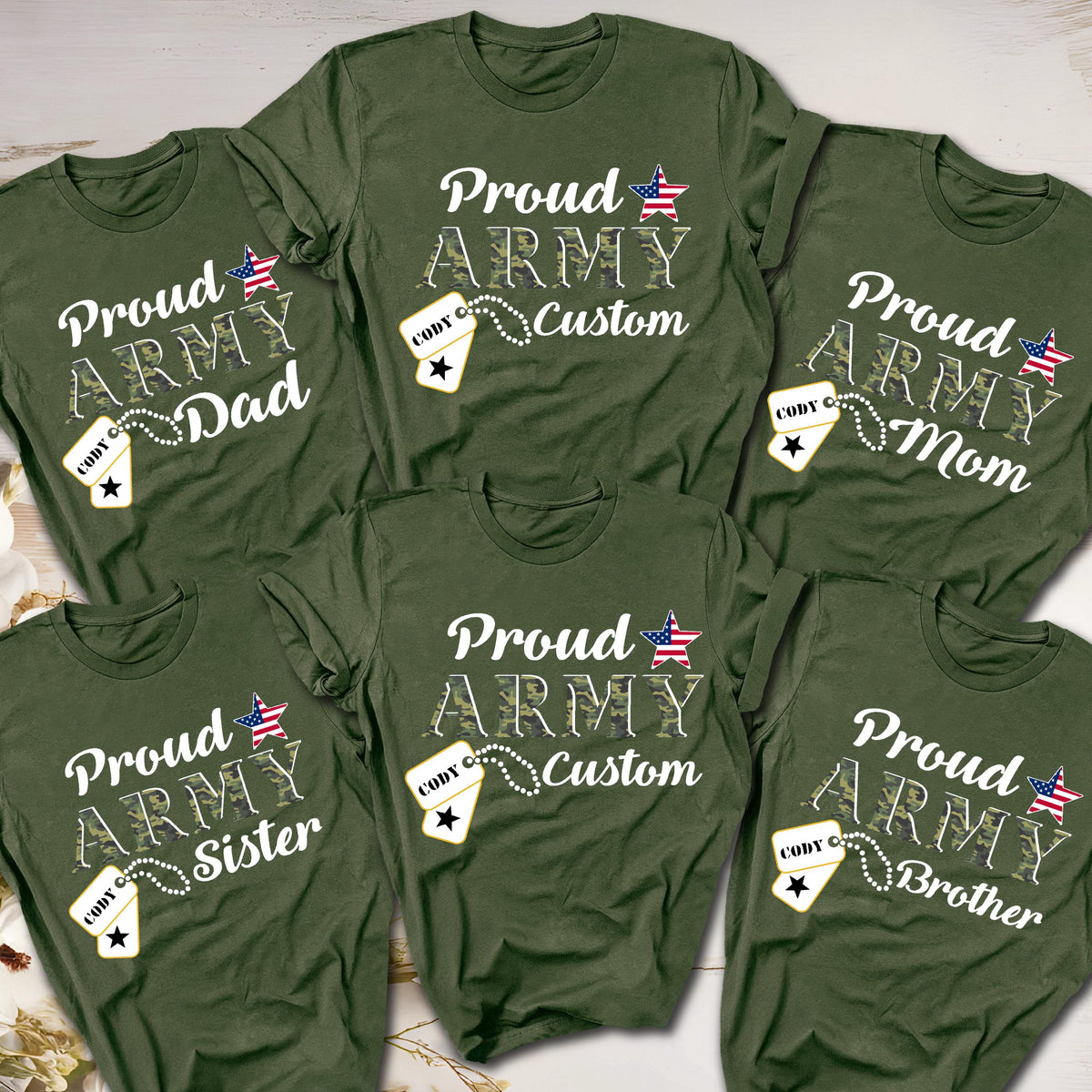 Custom Army family t-shirts in olive green for USA 250th anniversary, featuring personalized dog tag design with soldier names, camouflage Army text, and American flag for military graduation and homecoming."