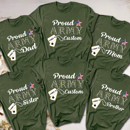 Custom Army family t-shirts in olive green for USA 250th anniversary, featuring personalized dog tag design with soldier names, camouflage Army text, and American flag for military graduation and homecoming."