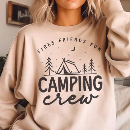May include: Beige sweatshirt with the words "Fires Friends Fun" above a tent and trees graphic, with "Camping Crew" below. The design is in black. The sweatshirt is a neutral color.