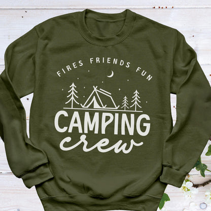 May include: An olive green sweatshirt with the words "Fires Friends Fun" above a camping scene with a tent and trees. Below the scene, the words "Camping Crew" are written in a cursive font.