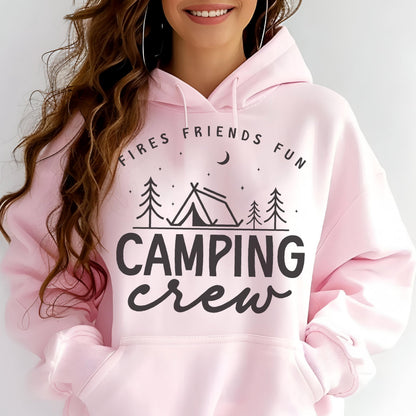 May include: A light pink hoodie with a drawstring hood and front pocket. The front features a black graphic with the words "FIRES FRIENDS FUN" above a tent and trees, and "CAMPING crew" below.