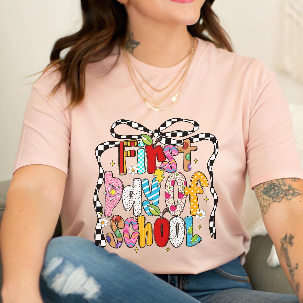 Checkered Bow First Day of School T-Shirt, Back To School Shirt, Coquette Teacher Tee