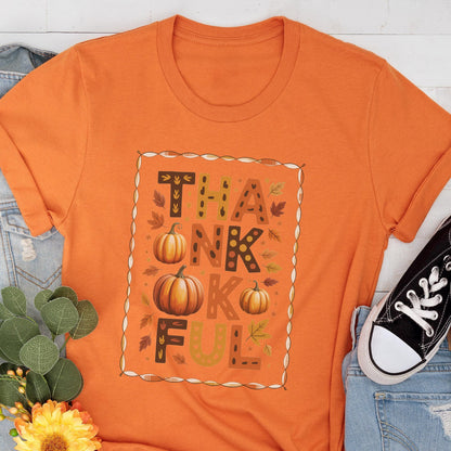 Thankful Pumpkin Graphic Tee: Autumn Leaves Print - Bella + Canvas