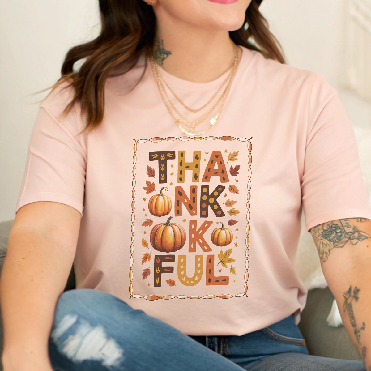 Thankful Pumpkin Graphic Tee: Autumn Leaves Print - Bella + Canvas