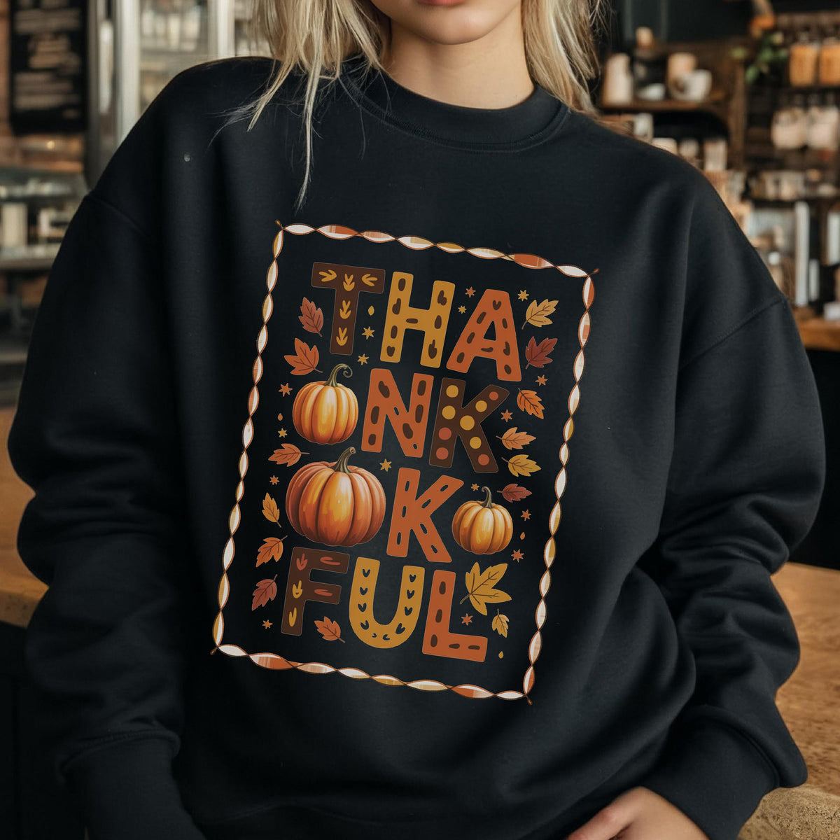May include: Black sweatshirt with the word "THANKFUL" in a fall-themed design. The design includes pumpkins and autumn leaves in shades of orange, brown, and yellow, framed by a decorative border. A cozy and festive apparel item.