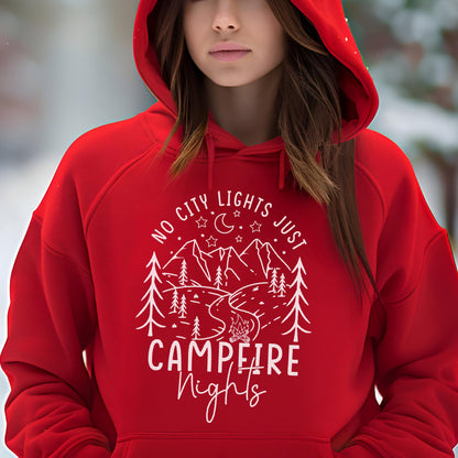 May include: A bright red hooded sweatshirt featuring a white graphic print of a mountain landscape, pine trees, a campfire, and a crescent moon. The text reads: NO CITY LIGHTS JUST CAMPFIRE Nights. The hoodie includes a front kangaroo pocket.
