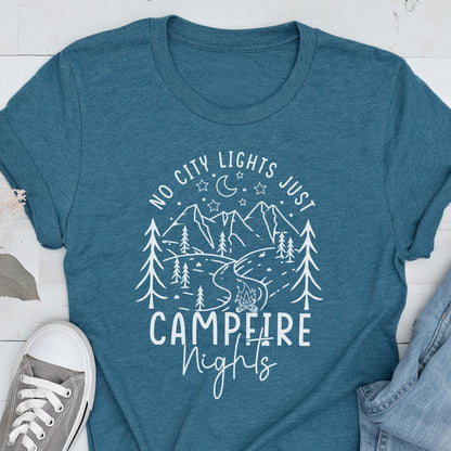 Campfire Nights Shirt, No City Lights Just Stars Tee, Camping Bonfire T-Shirt, Outdoor Nature Adventure Top, Cozy Forest Tee, Family T Shirt