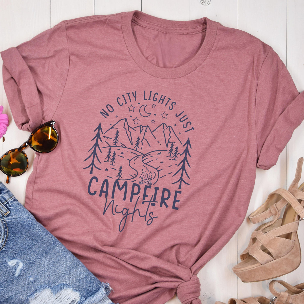 Campfire Nights Shirt, No City Lights Just Stars Tee, Camping Bonfire T-Shirt, Outdoor Nature Adventure Top, Cozy Forest Tee, Family T Shirt