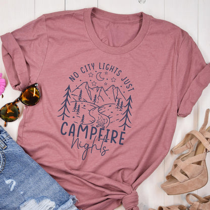 Campfire Nights Shirt, No City Lights Just Stars Tee, Camping Bonfire T-Shirt, Outdoor Nature Adventure Top, Cozy Forest Tee, Family T Shirt