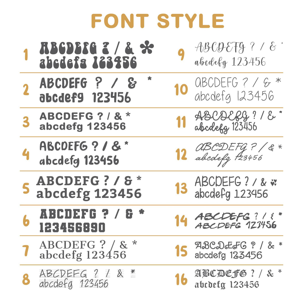 May include: A graphic showcasing 16 different font styles, each with uppercase and lowercase letters, numbers, and symbols. The text "FONT STYLE" is at the top in a gold color. The fonts vary in style, from bold to script.