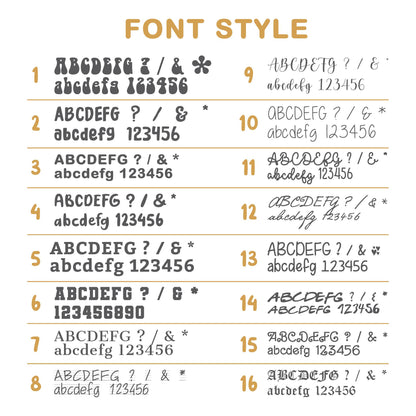 May include: A graphic showcasing 16 different font styles, each with uppercase and lowercase letters, numbers, and symbols. The text "FONT STYLE" is at the top in a gold color. The fonts vary in style, from bold to script.