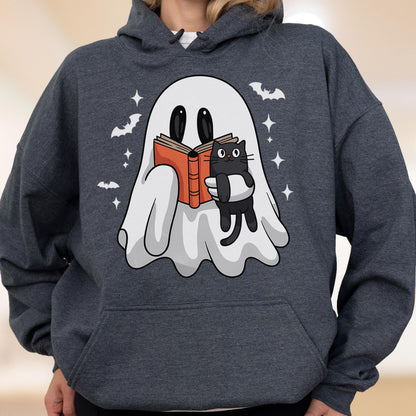 May include: Dark gray hoodie featuring a cartoon ghost reading a book with a black cat. The ghost is white with black eyes and is holding an orange book. Bats and stars are also in the design. Halloween themed apparel.