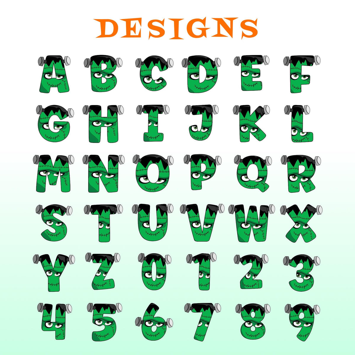 May include: A full alphabet and numbers 0-9 in a green Frankenstein monster design. The letters and numbers are green with black stitching, black hair, and bolts. The word "DESIGNS" is in orange at the top.