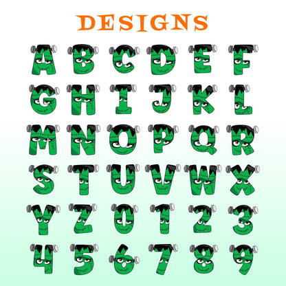 May include: A full alphabet and numbers 0-9 in a green Frankenstein monster design. The letters and numbers are green with black stitching, black hair, and bolts. The word "DESIGNS" is in orange at the top.