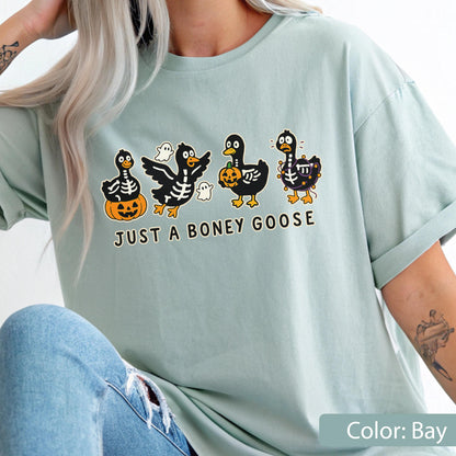 May include: A light blue t-shirt featuring a Halloween-themed graphic. The design includes four cartoon geese with skeleton details, holding pumpkins and accompanied by ghosts. The text "JUST A BONEY GOOSE" is printed below the geese.