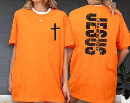 May include: Orange t-shirt with a black cross on the front and the words "JESUS THE WAY THE TRUTH THE LIFE" printed on the back. The shirt has short sleeves and a crew neck.